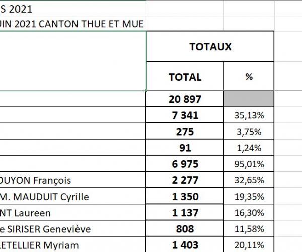 Résultats élections départementales 20/06/2021 canton Thue et Mue