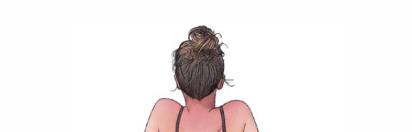 affiche montrant une femme assise de dos en maillot de bain