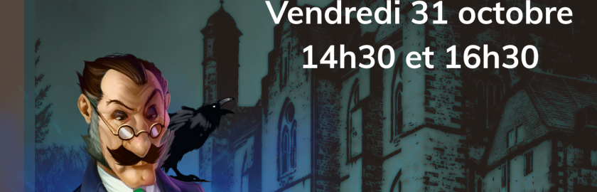 affiche avec un medium devant un manoir