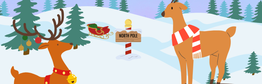 paysage de neige avec deux rennes et un panneau pole nord