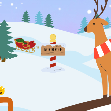 paysage de neige avec deux rennes et un panneau pole nord